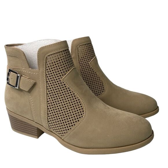 Mia Katrine Perforated Low Stack Heel Vegan Ankle Bootie Strap Buckle Size Zip - Picture 1 of 14